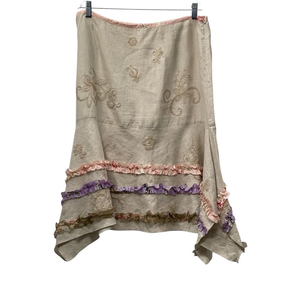 J Jill Women Skirt 16P Linen Mermaid Handkerchief Floral Embellished Cottage